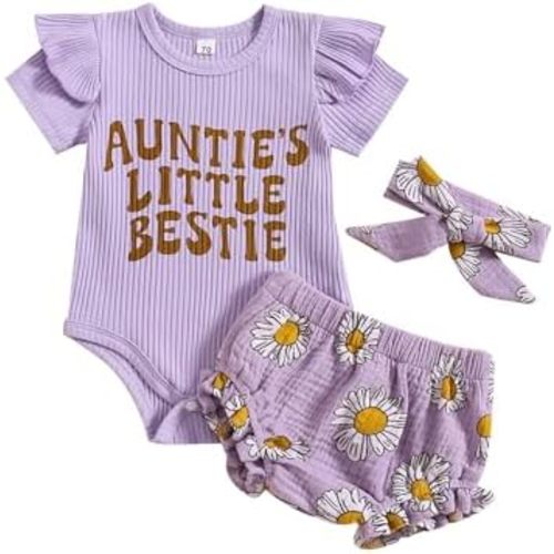 Newborn Infant Baby Girl Summer Clothes Rib Frill Short Sleeve Romper Elastic Waist Shorts Headband 3Pcs Outfits Set