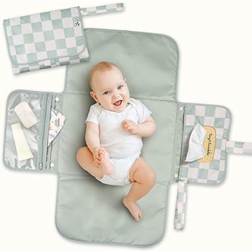 Tiny Twinkle Portable Diaper Changing Pad | Waterproof, Wipeable & Compact Baby Changing Pad for Travel | Smart Wipes Pocket & Organized Storage| Newborn Shower Gift (Sage Checkers)