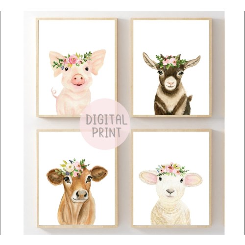 Set of 4 Farm Nursery Prints PRINTABLE Girl Nursery Wall Art Baby Animals with Flower Crown Watercolor Animals Cow Sheep Piglet Goat Print