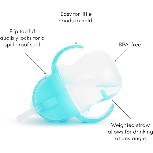 Munchkin Any Angle Sippy Cups for Toddlers, Spill Proof Weighted Straw Cup with Transition Handles for Babies 6 Months and Up, 2 Pack, Blue/Green