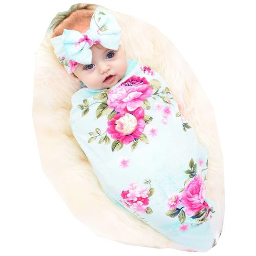 Galabloomer Receiving Blanket Headband Set Flower Print Baby Swaddle Blankets