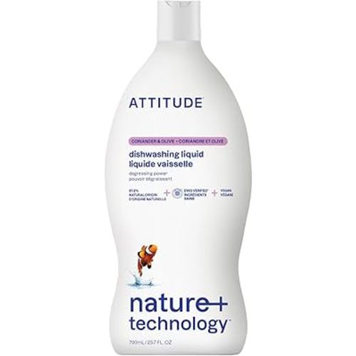 ATTITUDE Dish Soap, EWG Verified, Plant-Based & Vegan Dishwashing Liquid, Naturally Derived, Olive and Coriander Scent, 23.7 Fl Oz