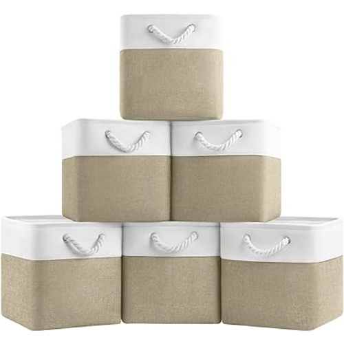 11x11 Cube Storage Bins, 6 Pack Foldable Fabric Organizer Bins with Rope Handles, Storage Cubes for Organizing Bedroom, Living Room, Clothes and Toys, Shelves and Closet (White & Khaki)