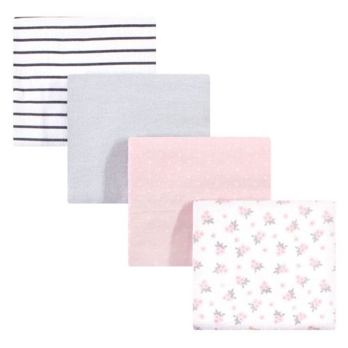 Hudson Baby Infant Girl Cotton Flannel Receiving Blankets, Gray Pink Floral, One Size
