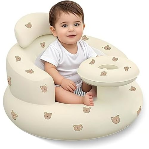 Inflatable Baby Seat with Tray, Blow up Infant Chair for Babies 3 Months and up, Comfortable Baby Floor Seats for Sitting Up, Built in Air Pump with Back Support Toddler Waterproof Sofa (Bear)