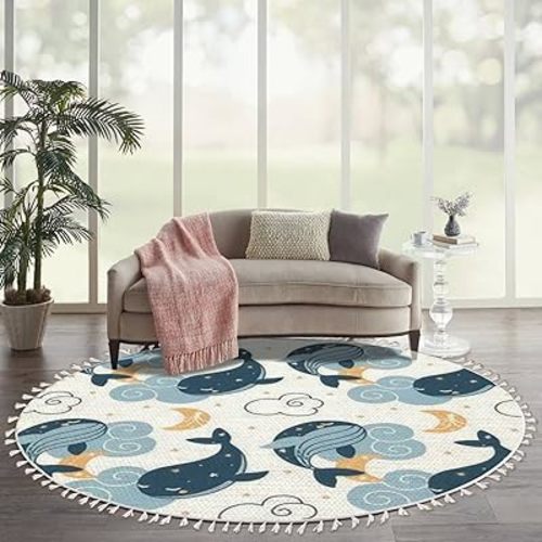 Ocean Beach Area Rugs Cute Whales Sleeping Clouds Fantasy Marine Animal Round Boho Area Rug Carpet Playmat Washable Hallway Runner Mat for Nursery Kid Room Bedroom Decoration Children Gift 6ft