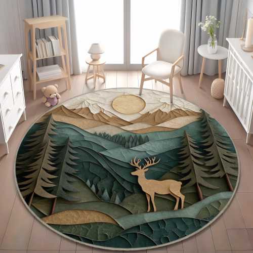 Woodland Deer Nursery Rug: Soft Velveteen Forest Animal Play Mat