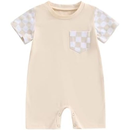 Karuedoo Newborn Baby Unisex Clothes Checkered Plaid Romper Jumpsuit Short Sleeve One-Piece Bodysuit Infant Summer Outfit