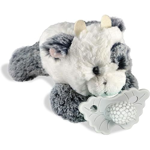 RaZbaby Cow RaZbuddy w/RaZberry Teething Relief Pacifier – Soothes Sore Gums w/Nature-Inspired Texture, 100% BPA-Free Silicone Teether, Detachable Stuffed Animal – 3 Months+ Teether, Grey