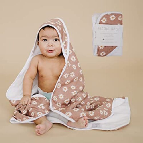 Mebie Baby Hooded Towel, Daisy Dream, 100% Muslin Cotton, Cozy and Breathable Bath Towel for Newborn, Infant & Toddler, Unisex, Floral Pattern, 33.4 x 33.4 inches, 0.79 pounds