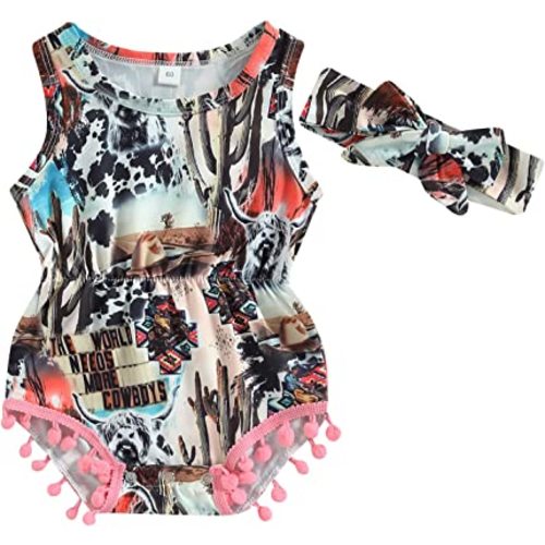 Gueuusu Western Baby Girl Clothes Cow Print Romper Sleeveless Pompom Tassel Bodysuit Jumpsuit Headband Cute 2Pcs Summer Set