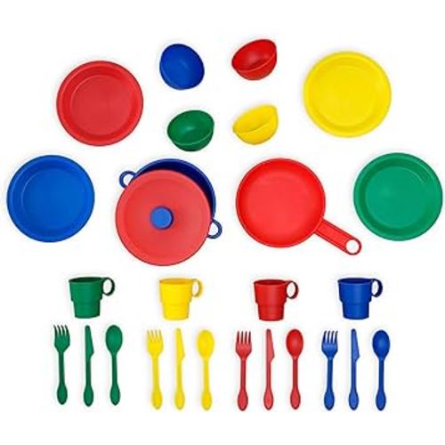 KidKraft 27-Piece Primary Colored Cookware Set, Plastic Dishes and Utensils for Play Kitchens, Gift for Ages 18 mo+