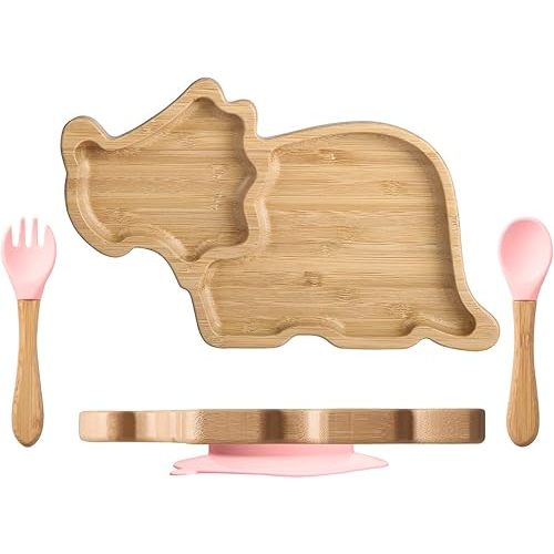 HBM Bamboo Baby Plate Set with Suction - Dinosaur Divided Toddler Dishes with Matching Fork & Spoon | Natural Wood Stay-Put Feeding Set for Infants & Kids (Pink)