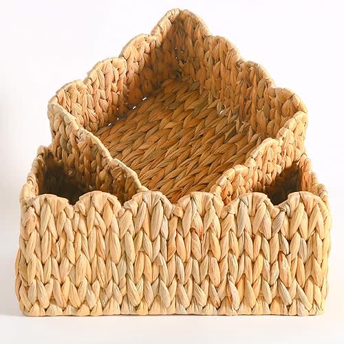 Scalloped Edge Basket, Wicker Storage Baskets, Hand Woven Baskets for Shelves,Natural Baskets for Organizing (Water Hyacinth(S+M))