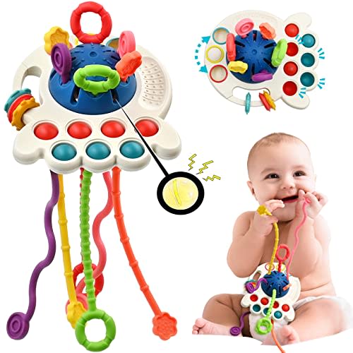 AiTuiTui Sensory Baby Teething Toys 6 to 12 Months, Infant Toddler Travel Toys for 1 2 Year Old Boy Girl Birthday Gifts, Soft String Fidget Educational Learning for 9 10 18 Months, Blue