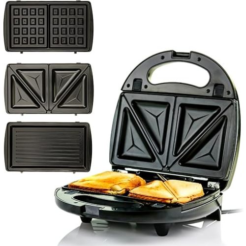 OVENTE 3 in 1 Electric Sandwich Maker, Panini Press Grill and Waffle Iron Set with Removable Non-Stick Plates, Perfect for Cooking Grilled Cheese, Tuna Melts, Burgers, Steaks and Snacks, Black GPI302B