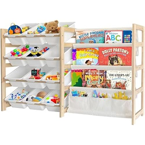 Toy Storage Organizer with Bookshelf - 12 Storage Bins 4-Tier Multipurpose Shelf to Organize Toys and Books for Kids Room, Playroom, Nursery Room, White