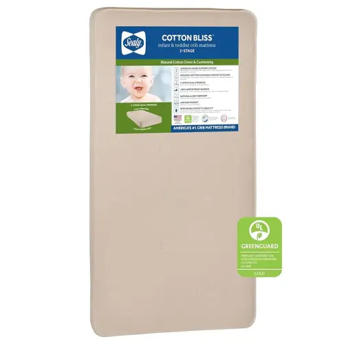 Sealy Baby Cotton Bliss Breathable 2 Stage Waterproof Crib Mattress plus Toddler Bed Fit, 204 Extra Firm Coils, Organic Cover, GREENGUARD Gold Certified, Safety & Quality Tested, Made in USA, 52"X28"