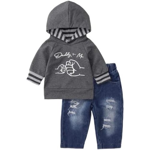 Toddler Baby Boy Clothes Long Sleeve Letter Hoodies Top+Ripped Denim Pants 2pcs Fall Winter Outfit Sets