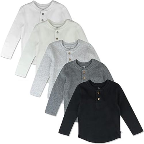 HonestBaby 5-pack Waffle Henley Long Sleeve Shirts 100% Organic Cotton for Infant Baby and Toddler Boys, Unisex