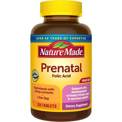 Nature Made Prenatal Multivitamin with Folic Acid, Prenatal Vitamin and Mineral Supplement for Daily Nutritional Support, 250 Tablets, 250 Day Supply