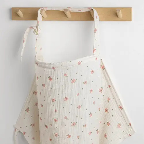 Blissful Diary Muslin Nursing Cover for Breastfeeding, Breathable Breastfeeding Cover up with Arch Neckline for Women, Nursing Apron (Pink Floral)
