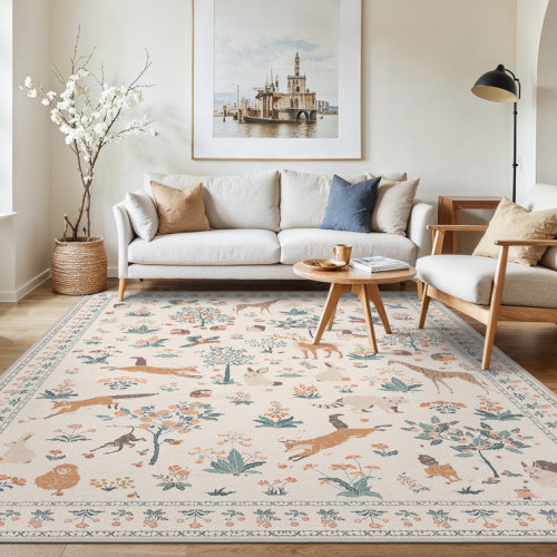 Animal & Floral Machine Washable Performance Area Rugs with Non-Slip Backing