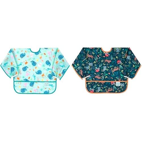 Bumkins Baby and Toddler Bibs, Long Sleeve, Waterproof, Mess Saving, Soft Fabric, Ocean Life and Jungle Prints, Ages 6-24 Months