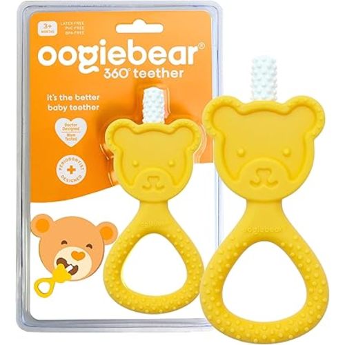 oogiebear 360˚ Teether - Safe Teething Toys for Babies 3 Months and Older | Soft Bristle Teddy Bear Silicone Teether | Super Soft BPA-Free Silicone Teether Toy - Yellow