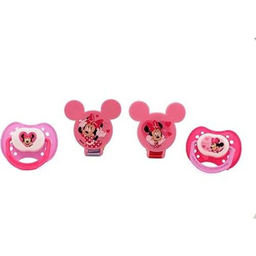 Disney Cudlie Minnie Mouse Baby Girl 4 Pack of 2 Pacifiers & 2 Clips with Hearts for Min Print