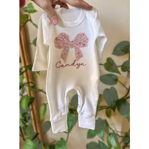 Personalized baby romper and bow set, embroidery baby girl coming home outfit, custom baby shower gift, monogrammed sleeper footies