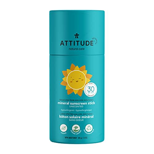 ATTITUDE Sunscreen Stick for Baby and Kids, Broad Spectrum UVA/UVB, Plant and Mineral-Based Formula, Coral Reefs Friendly, Vegan and Cruelty-free Sun Care Products, Face, SPF 30, Unscented, 1 Oz