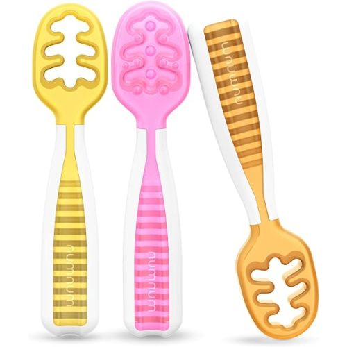 NumNum Baby Spoons Set, Baby Essentials Pre-Spoon GOOtensils for 6+ Months, First Stage Self-Feeding Spoons for Baby Led Weaning (BLW), Silicone Toddler Utensils, BPA-Free, 3 Pack Tropical Paradise