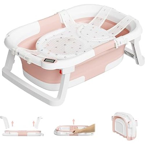 Collapsible Baby Bathtub,Baby Bath Tub with Soft Cushion & Thermometer,Baby Bathtub Newborn to Toddler 0-36 Months,Portable Travel Baby Tub, Pink, Bath Tub Pro