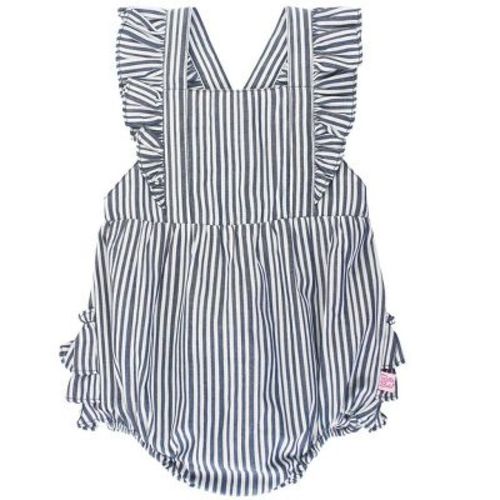 Rufflebutts Woven Pinafore Cross-back Romper - Navy Micro Stripe, Size: 12-18m