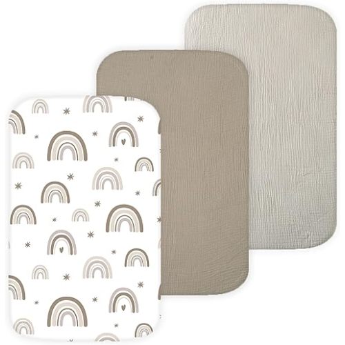 Muslin Bassinet Sheets Compatible with Mika Micky, Ronbei, Papablic Baby Bedside Sleeper by TansyPanda, 3 Pack, 19 x 32 in, Ultra Soft, Breathable and Snug Fit, Unisex Boys and Girls, Green Rainbow