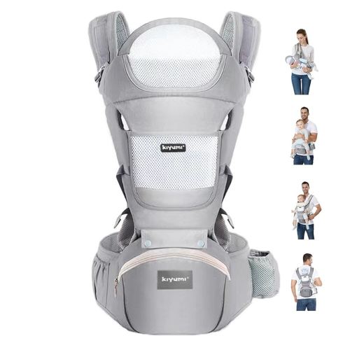 KIYUMI Baby Carrier with Hip Seat, 6- in-1 Baby Carrier Newborn to Toddler, Ergonomic M Position, Head Support and Breathable Mesh,Adjustable Removable Baby Sling Carrier (7-45 lbs), Grey