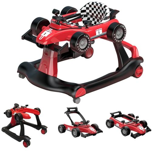 4-in-1 Baby Walker, Foldable Activity Walker with Adjustable Height & Speed, Music, Lights, Steering Wheel, Activity Baby Push Walker for Boys Girls Aged 6–18 Months (Red)