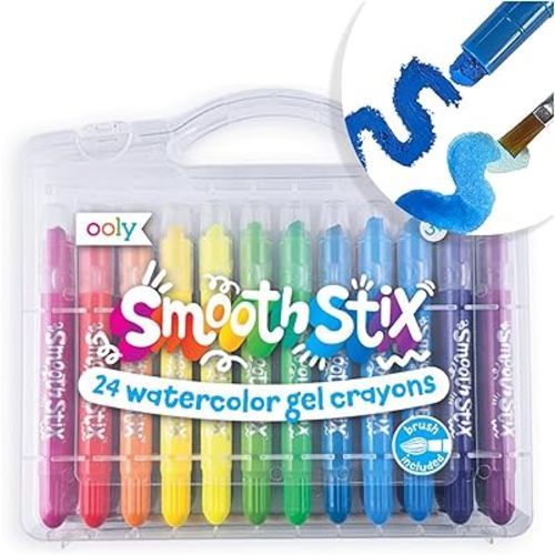 Ooly Smooth Stix Gel Crayons for Kids and Adults with Paint Brush - Set of 24 Watercolor Rainbow Crayons for Glass and Paper with Clear Plastic Crayon Case - Easy To Clean Twist-Up Gel Crayon Set