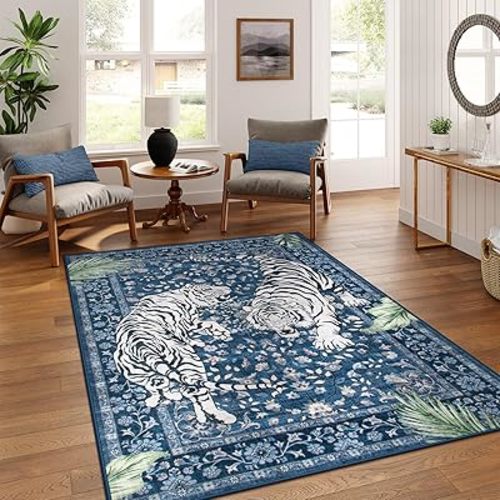 Moynesa Tiger Washable Area Rugs for Living Room, 5x7 Vintage Soft Rug for Bedroom, Non Slip Boho Botanical Ultra Thin Large Stain Resistant Throw Rug for Dining Guest Room, Blue