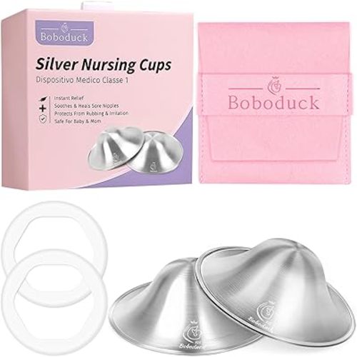 Boboduck The Original Silver Nursing Cups - 925 Silver Nipple Covers Breastfeeding - Protect and Soothe Sore Nipples - Silver Nipple Shield Guards with Soft Silicone Ring (Regular)