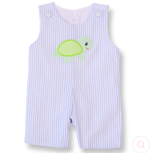 Blue Seersucker Turtle Applique Shortall