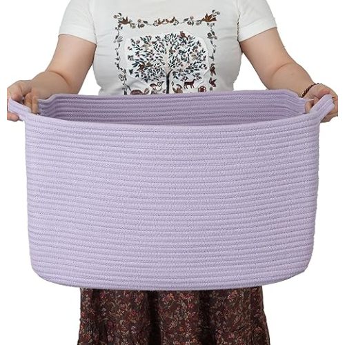 Large Rectangle Blankets Basket Living Room 22"x17"x12" Woven Cotton Rope Storage Basket for Nursery Toy Basket for Kids Wicker Laundry Basket Bin for Clothes Towels purple or Lavendor