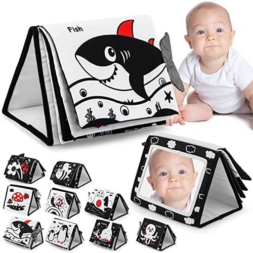 Tummy Time Baby Floor Mirror Toys with Crinkle Cloth Book, Black and White High Contrast Baby Toys