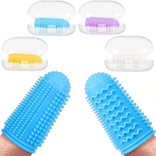 Baby Finger Toothbrush 4 Pcs with 4 Case,All-Around Silicone Bristle Baby Toothbrush 0-6 Months,Soft Finger Tooth Brushing (Blue Purple Yellow White, Medium)