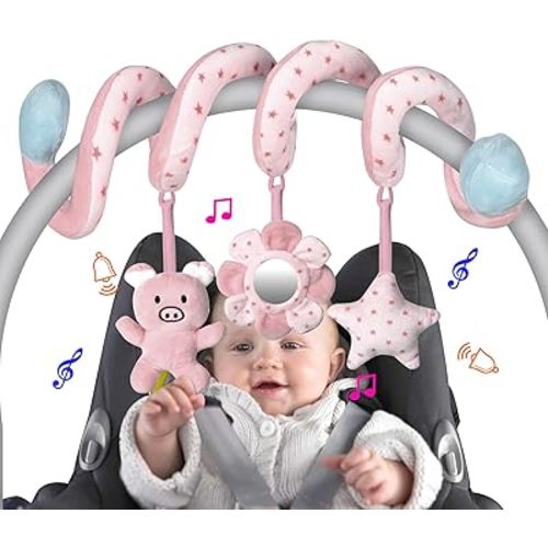 Car Seat Toys, Infant Baby Pink Pig Spiral Activity Hanging Toys Stroller Toys for Car Seat Stroller Bar Crib Bassinet Mobile with Mirror BB Squeaker and Rattles