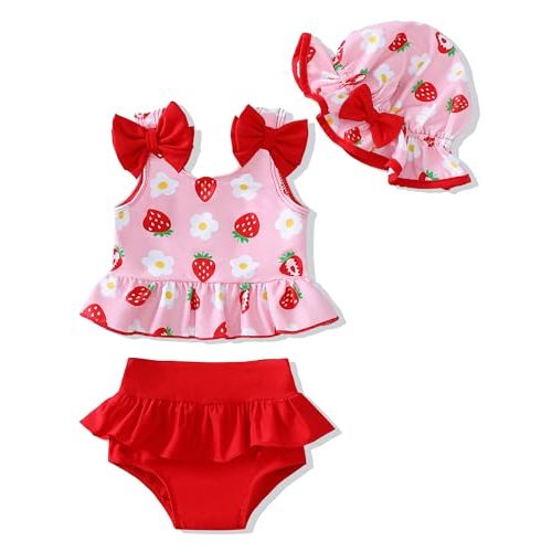 Mioglrie Baby Infant Swimsuit Girl Toddler Bathing Suit Girl Summer Beach Bikini Tankini Swimwear Hat 3-24 Months 2t-5t