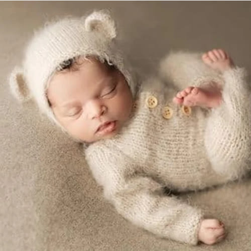 Newborn photo outfit Bear bonnet Romper and Toy Newborn  bear costume Animal Newborn boy animal photo outfit Coming home outfit