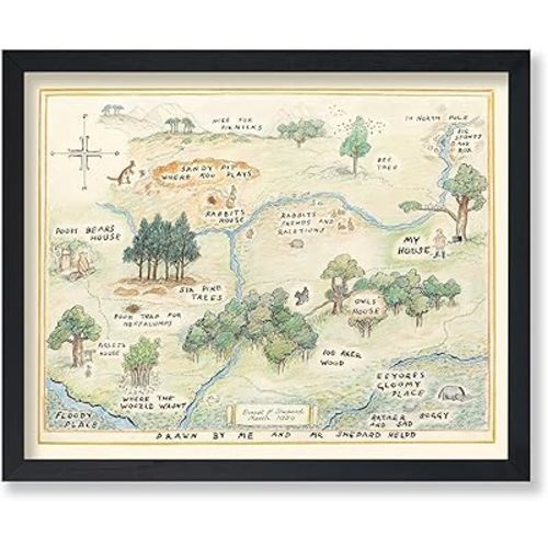 Poster Master Vintage Illustration Poster - Retro Landscape Print - Gift for Baby, Kid - 100 Acre Wood Map, Bear, Pig, Animal, Famous Cartoon - Wall Decor for Bedroom Nursery, 24x32 Unframed Wall Art