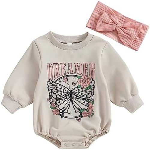 BULINGNA Infant Baby Girl Sweatshirt Romper with Headband Set, Butterfly Letters Print Bodysuit Spring Fall One Piece Outfit